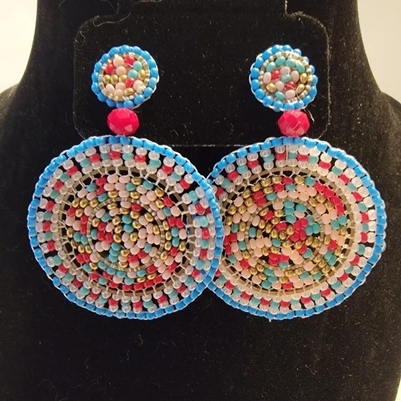 Beaded Multicolor Medallion Disc Dangle Earrings - Picture 4 of 5